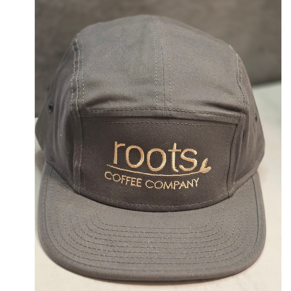 Otto Roots Coffee Company 5 Panel Camper Hat Charcoal Grey Adjustable Strapback